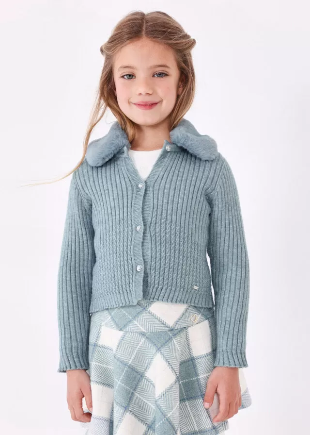 4309- Faux fur collar cardigan for girl - h-Bluebell