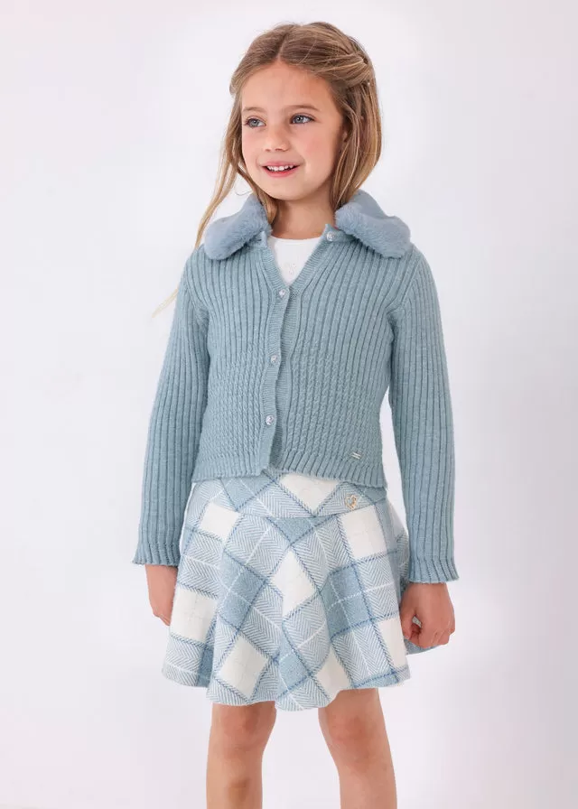 4309- Faux fur collar cardigan for girl - h-Bluebell