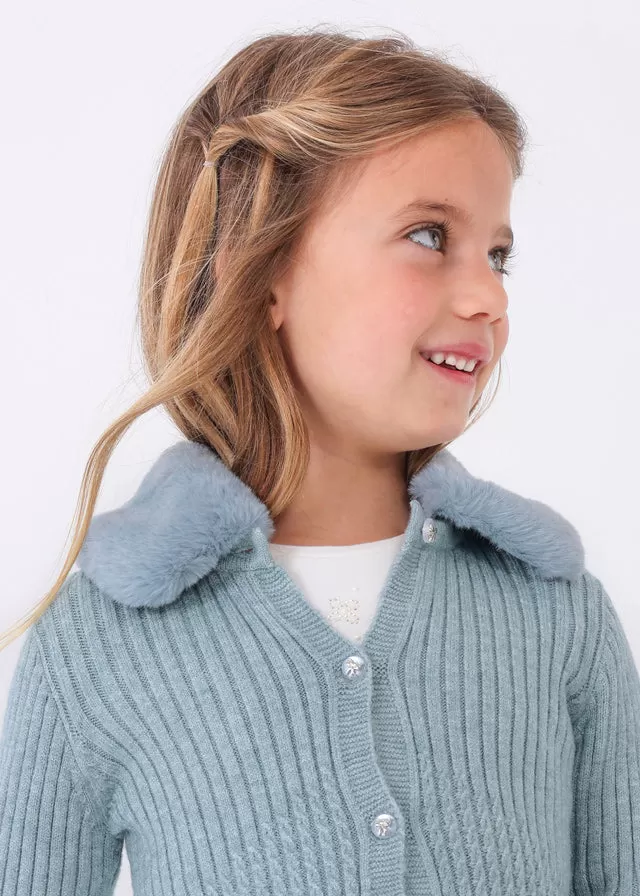 4309- Faux fur collar cardigan for girl - h-Bluebell