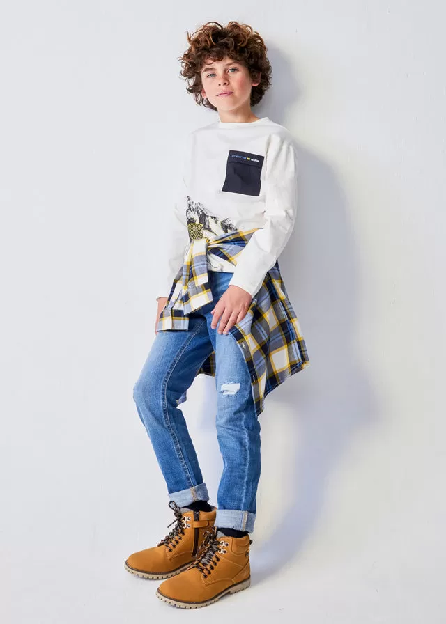 7065- L/s pocket t-shirt for teen boy - Cream