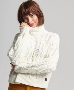 Cable Knit Polo Neck Jumper | Ecru