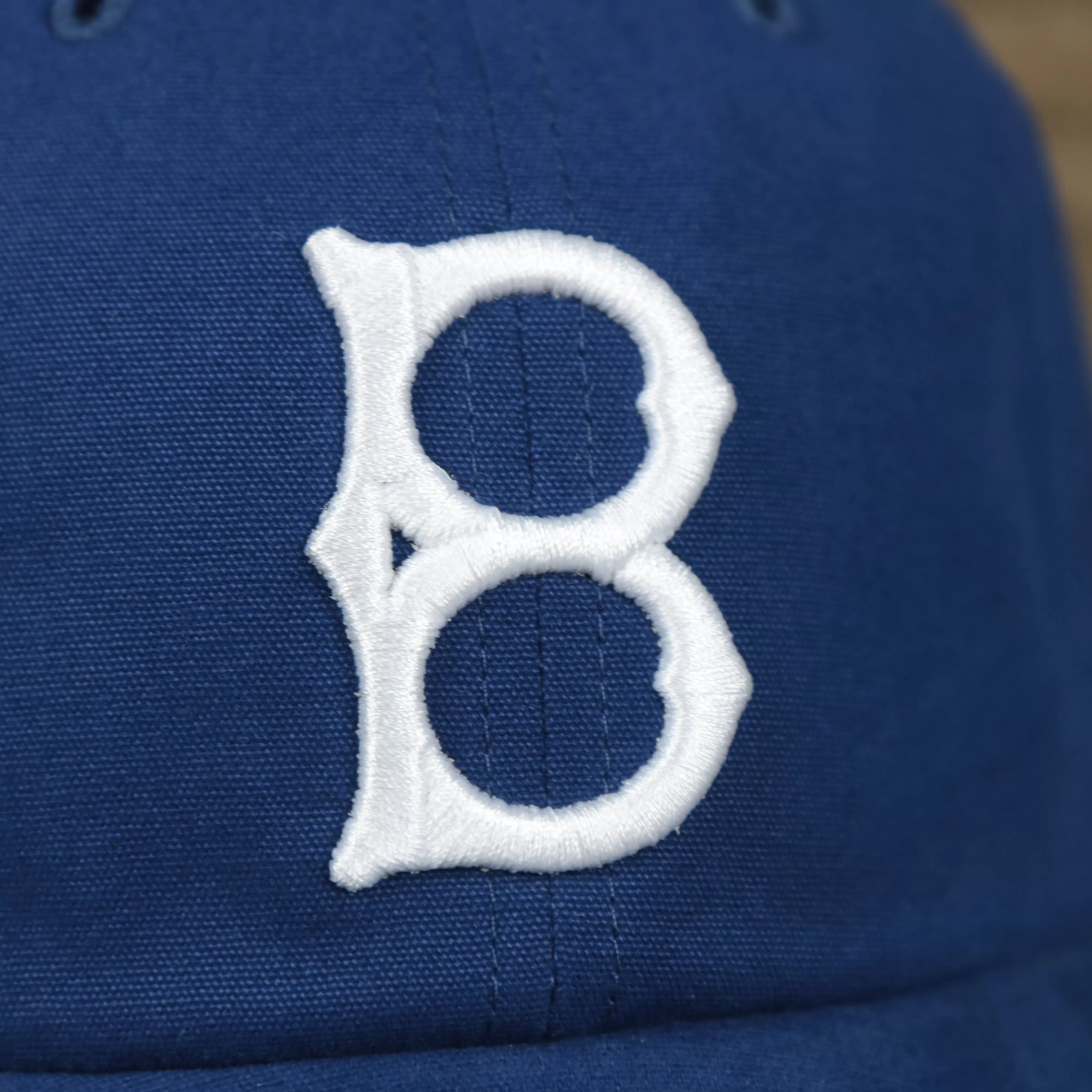 Cooperstown Brooklyn Dodgers Cooperstown Collection Side Patch Leather Brown Undervisor Dad Hat | Vintage Royal Blue Dad Hat