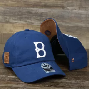 Cooperstown Brooklyn Dodgers Cooperstown Collection Side Patch Leather Brown Undervisor Dad Hat | Vintage Royal Blue Dad Hat