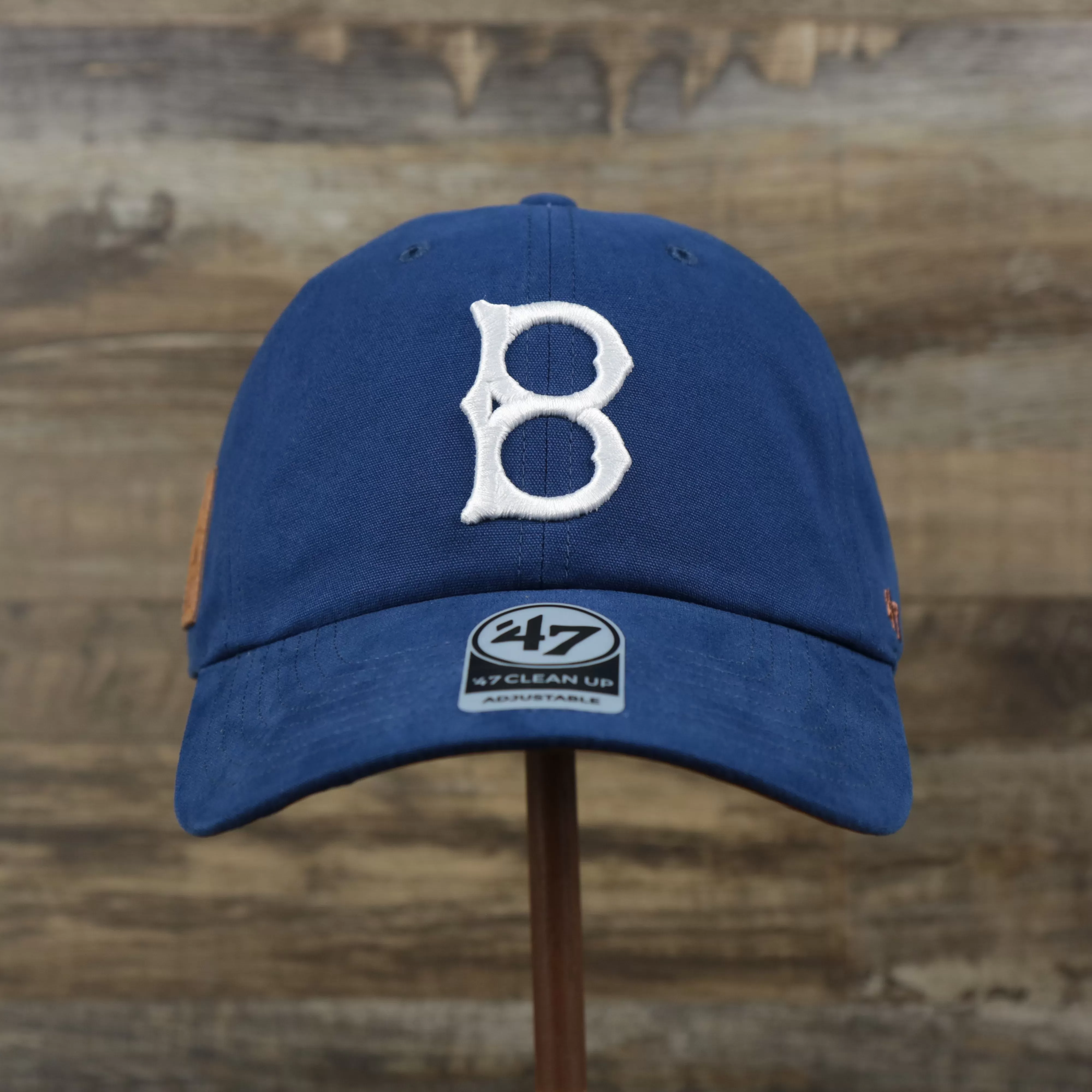 Cooperstown Brooklyn Dodgers Cooperstown Collection Side Patch Leather Brown Undervisor Dad Hat | Vintage Royal Blue Dad Hat