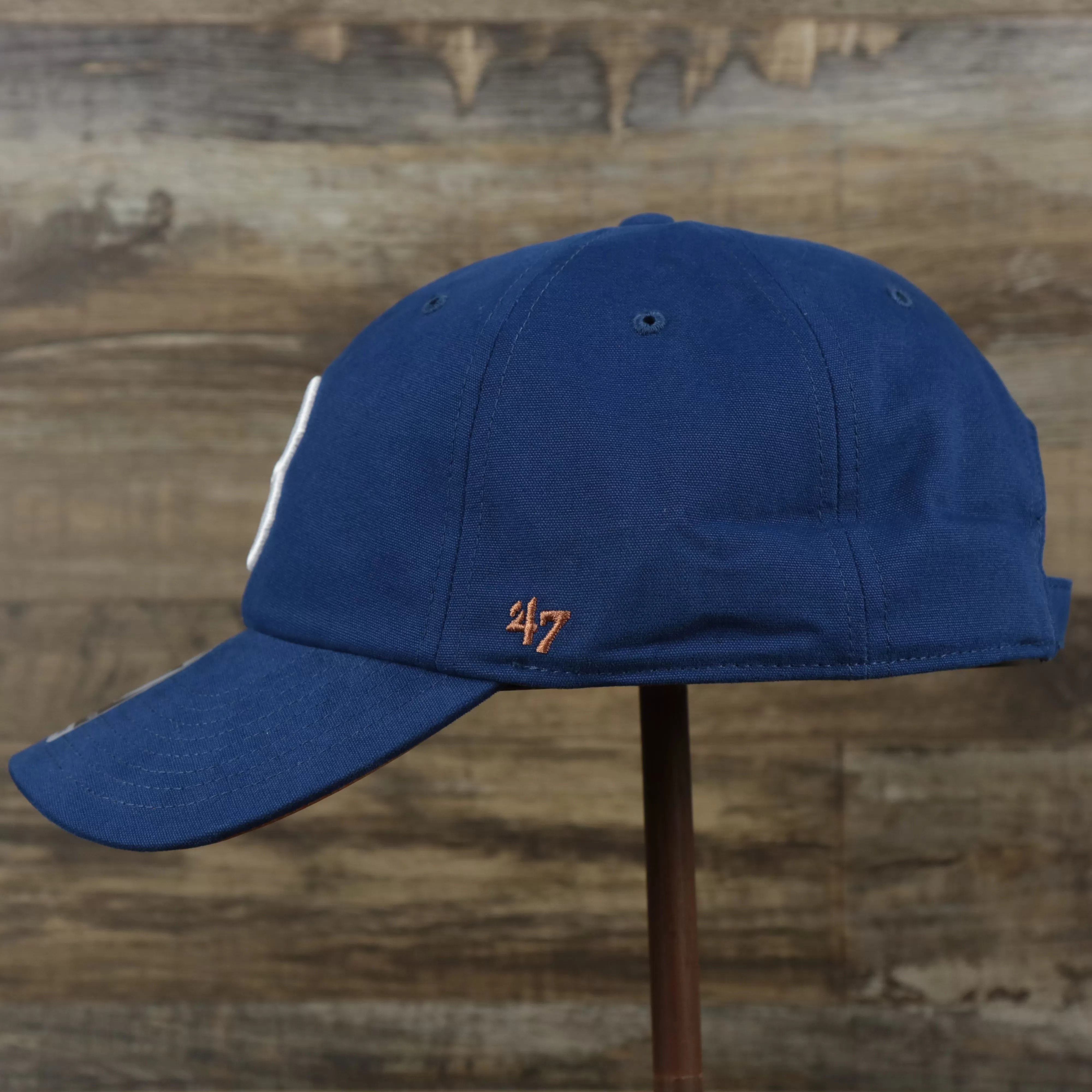 Cooperstown Brooklyn Dodgers Cooperstown Collection Side Patch Leather Brown Undervisor Dad Hat | Vintage Royal Blue Dad Hat