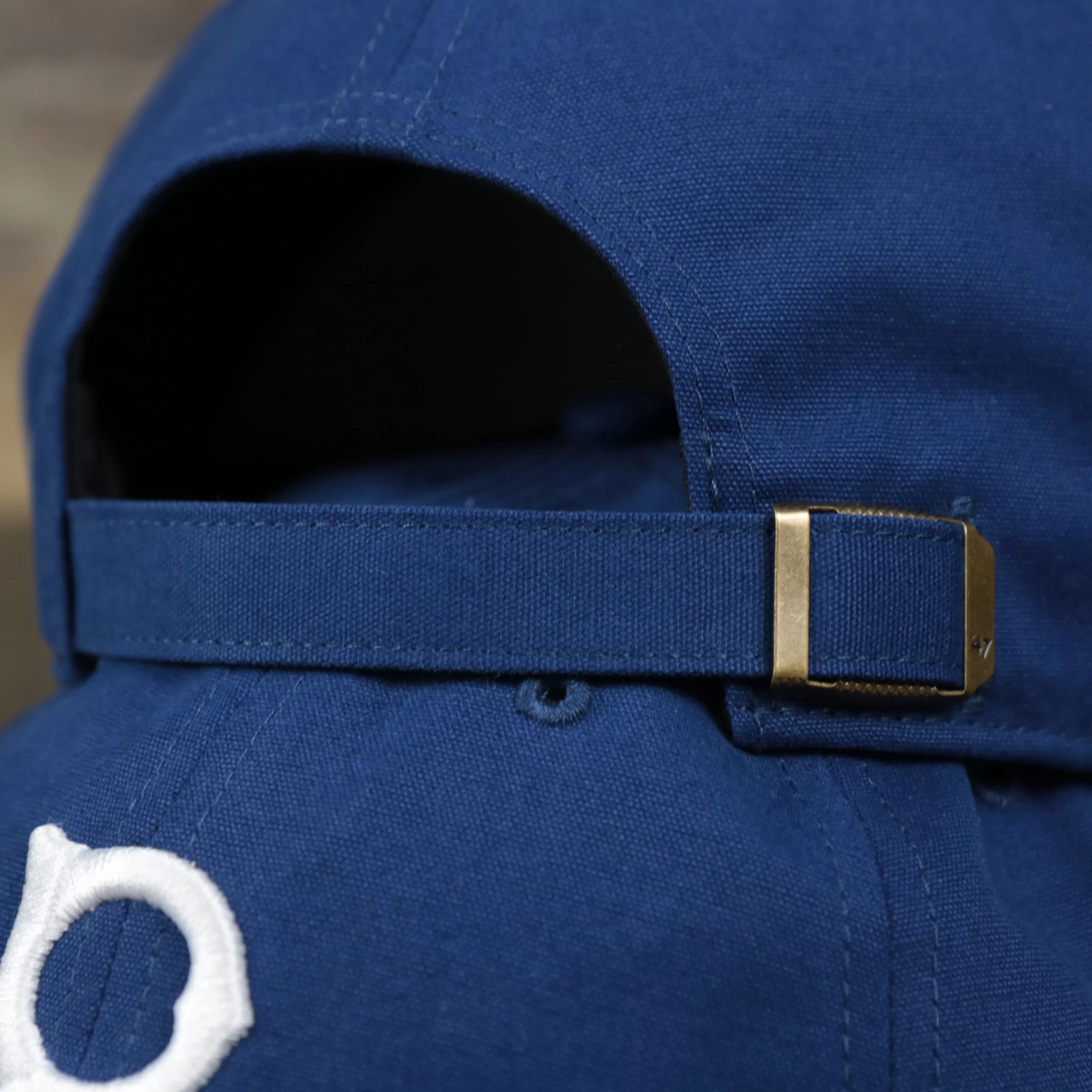 Cooperstown Brooklyn Dodgers Cooperstown Collection Side Patch Leather Brown Undervisor Dad Hat | Vintage Royal Blue Dad Hat