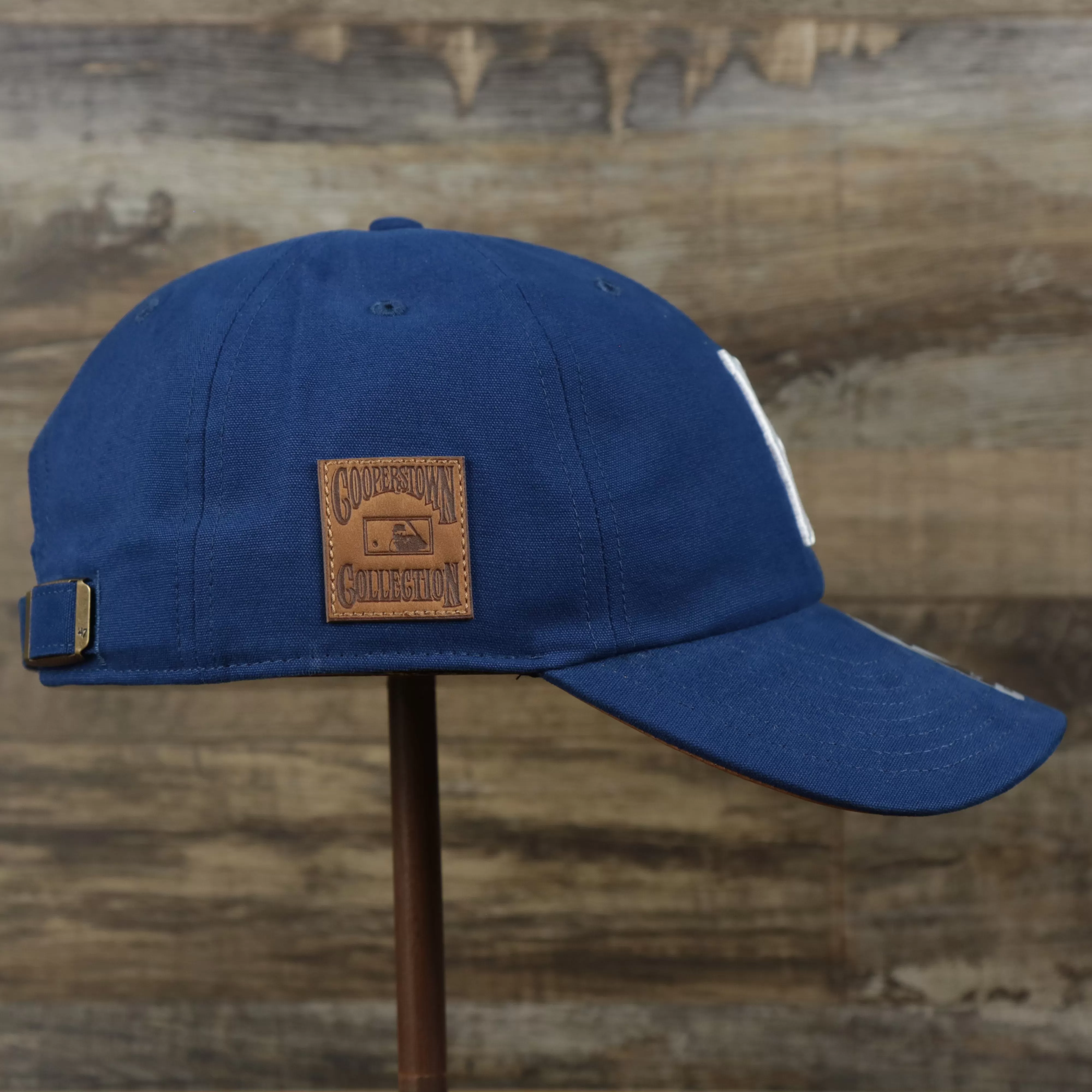 Cooperstown Brooklyn Dodgers Cooperstown Collection Side Patch Leather Brown Undervisor Dad Hat | Vintage Royal Blue Dad Hat