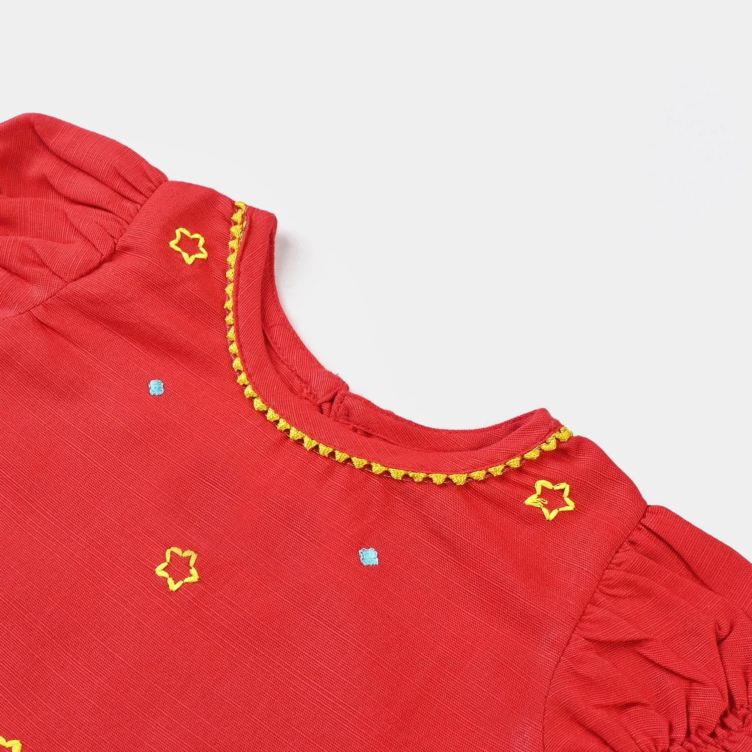 Infant Girls Cotton Slub Embroidered Kurti Pretty-Red