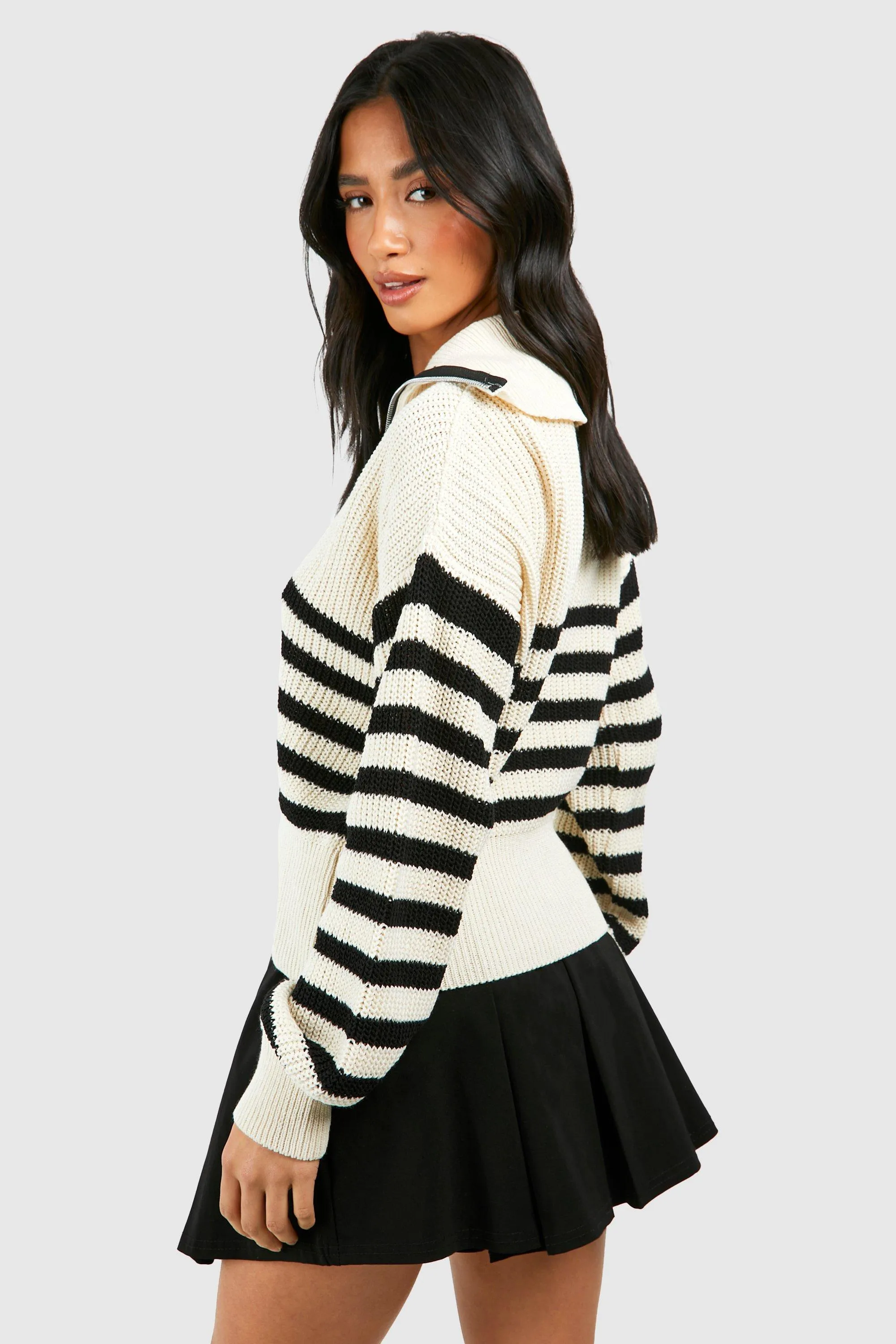 Jumpers & Cardigans | Petite Stripe Zip Through Cardigan | boohoo