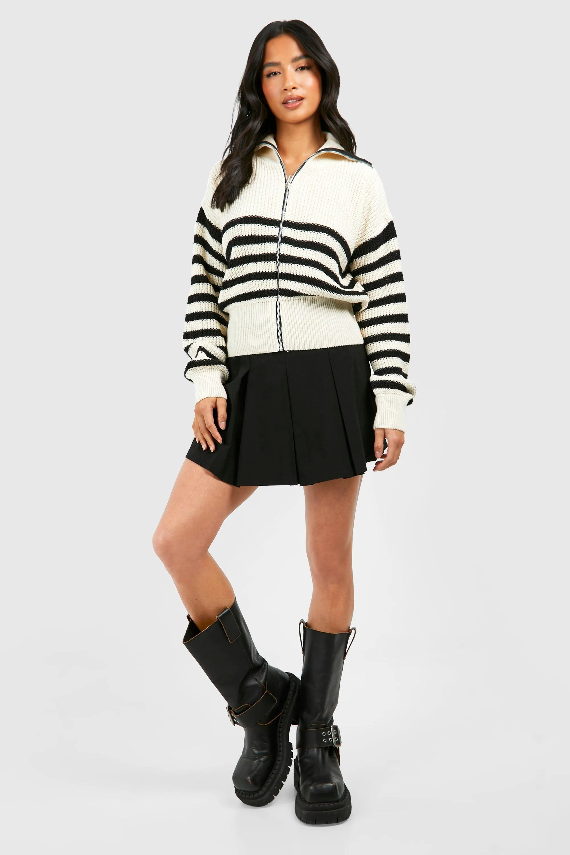 Jumpers & Cardigans | Petite Stripe Zip Through Cardigan | boohoo