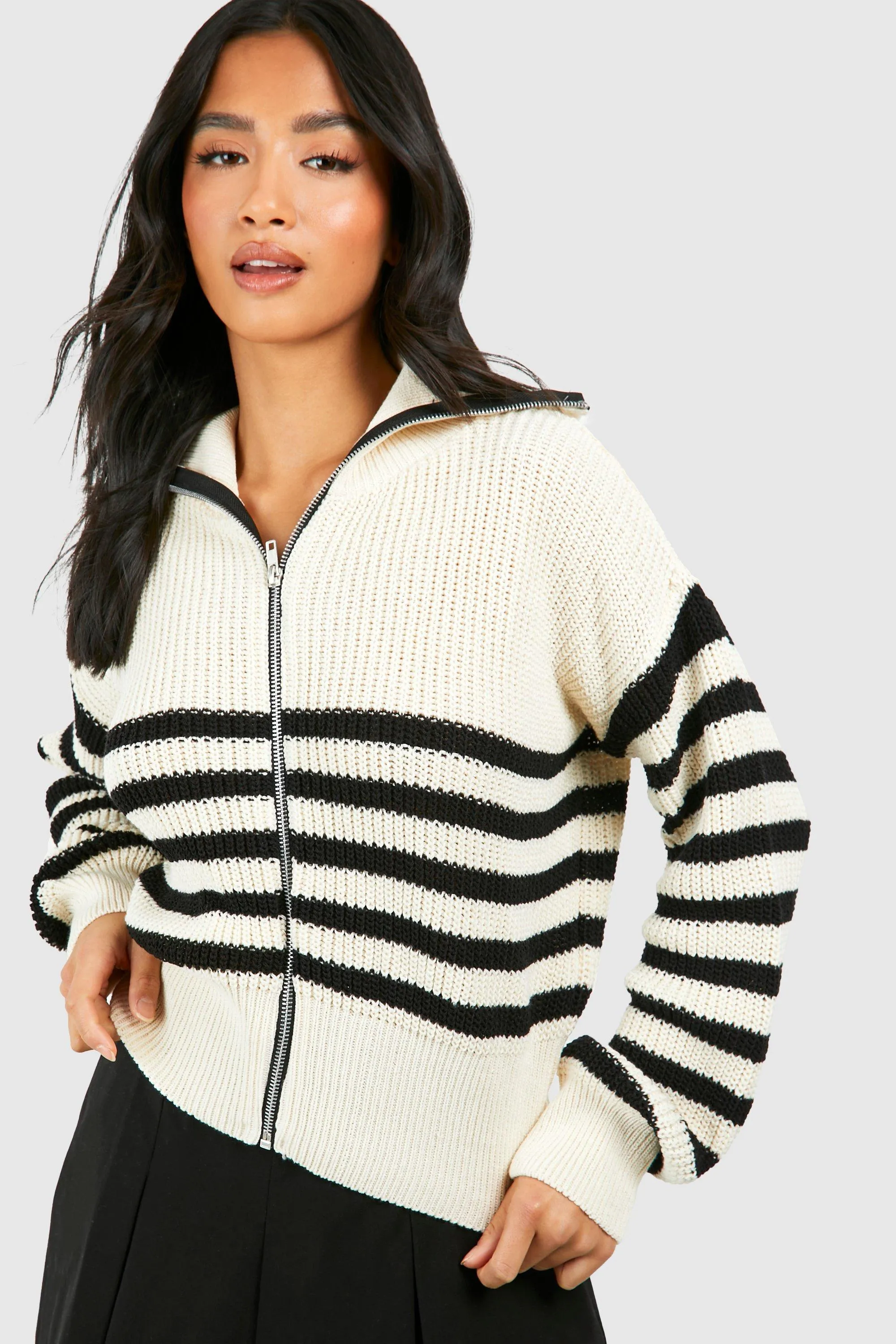 Jumpers & Cardigans | Petite Stripe Zip Through Cardigan | boohoo