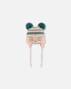 Knit Hat With Ears Light Pink Cat Face