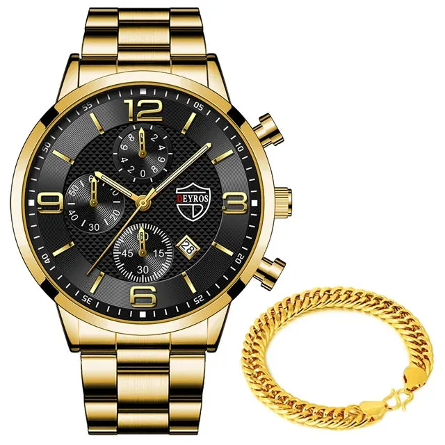 Luxury Mens Watches Stainless Steel Quartz Calendar Luminous