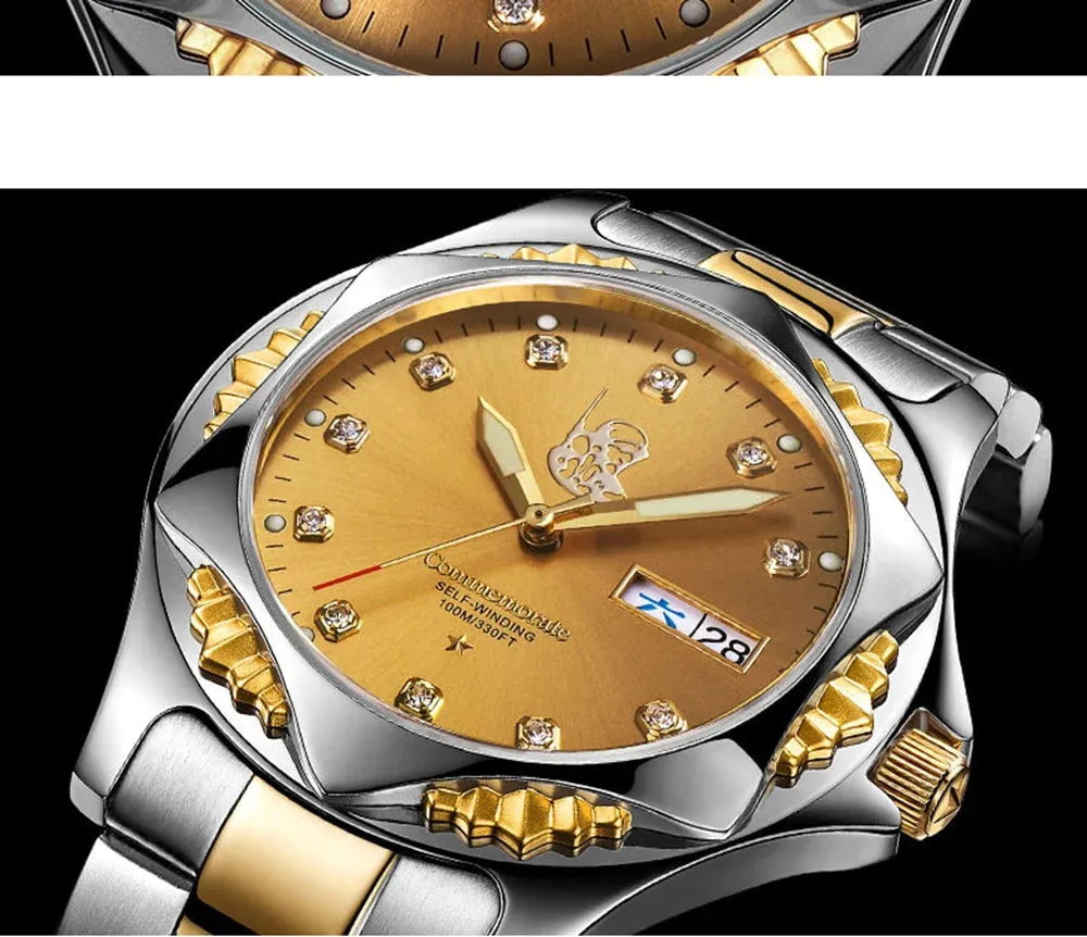 Men's Golden Stainless Steel Luminous Military Automatic Mechanical Watch