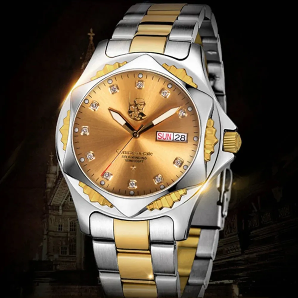 Men's Golden Stainless Steel Luminous Military Automatic Mechanical Watch