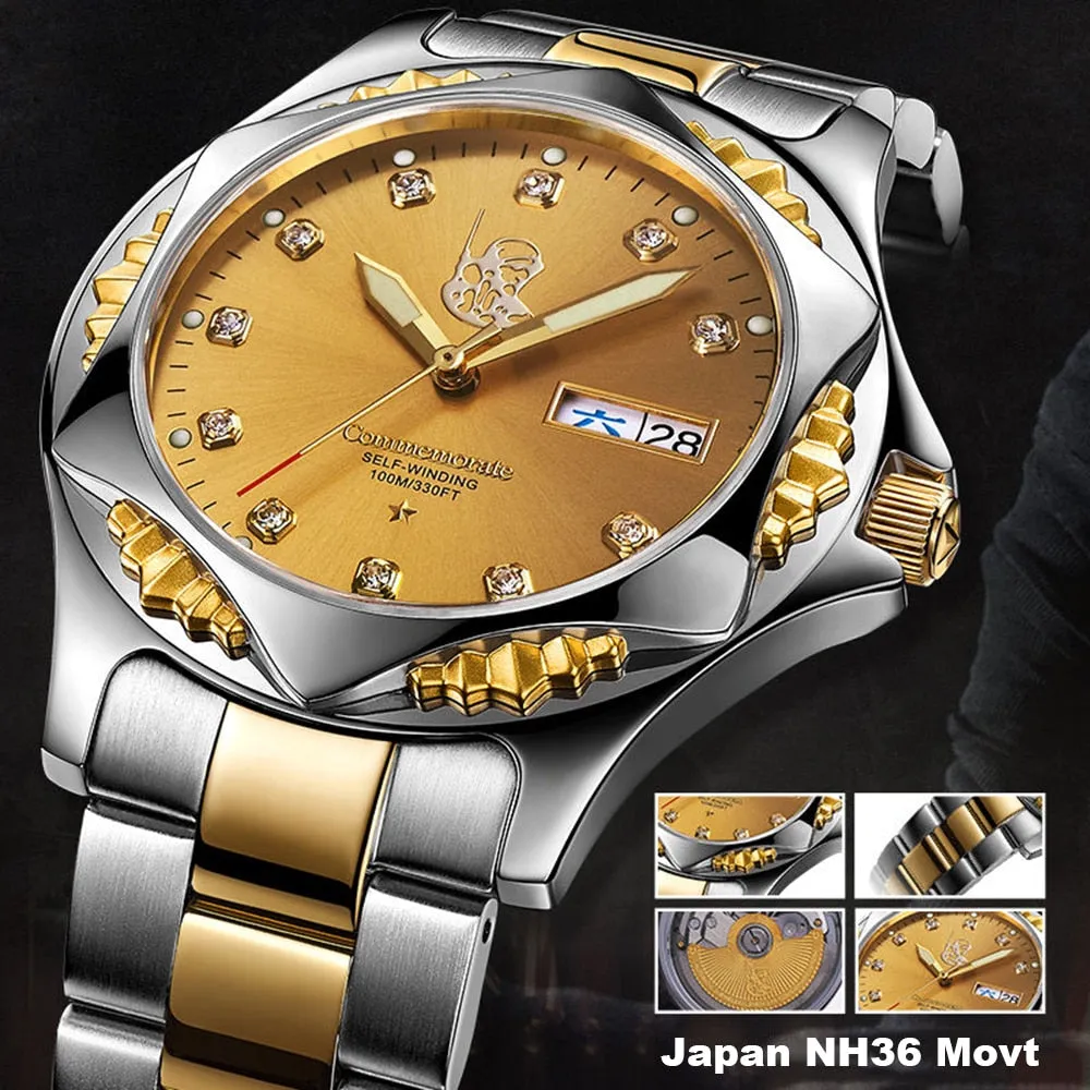 Men's Golden Stainless Steel Luminous Military Automatic Mechanical Watch