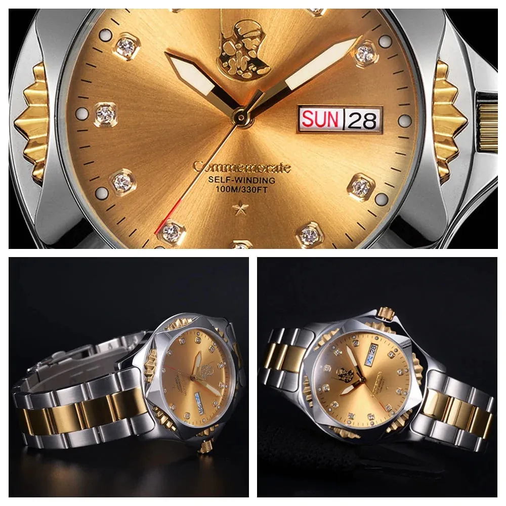 Men's Golden Stainless Steel Luminous Military Automatic Mechanical Watch