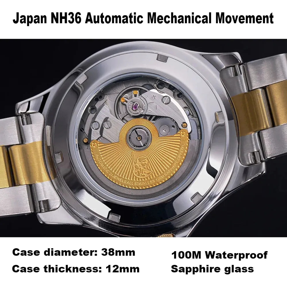 Men's Golden Stainless Steel Luminous Military Automatic Mechanical Watch