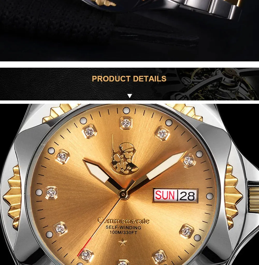 Men's Golden Stainless Steel Luminous Military Automatic Mechanical Watch