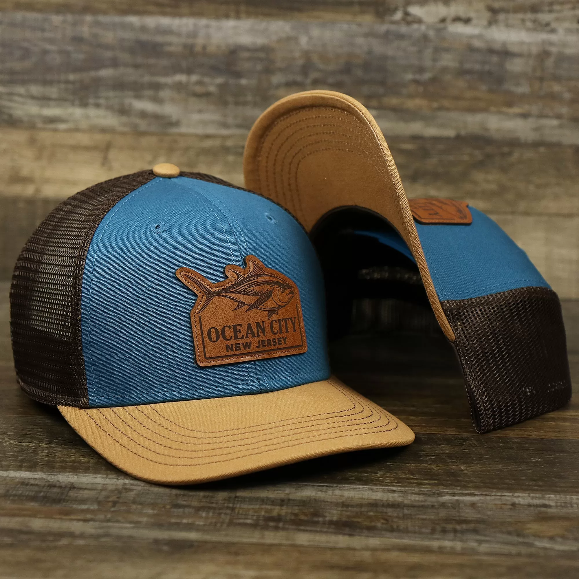 Ocean City Leather Tuna Patch New Jersey Mesh Back Trucker Hat | Marine Blue Mesh Trucker Hat