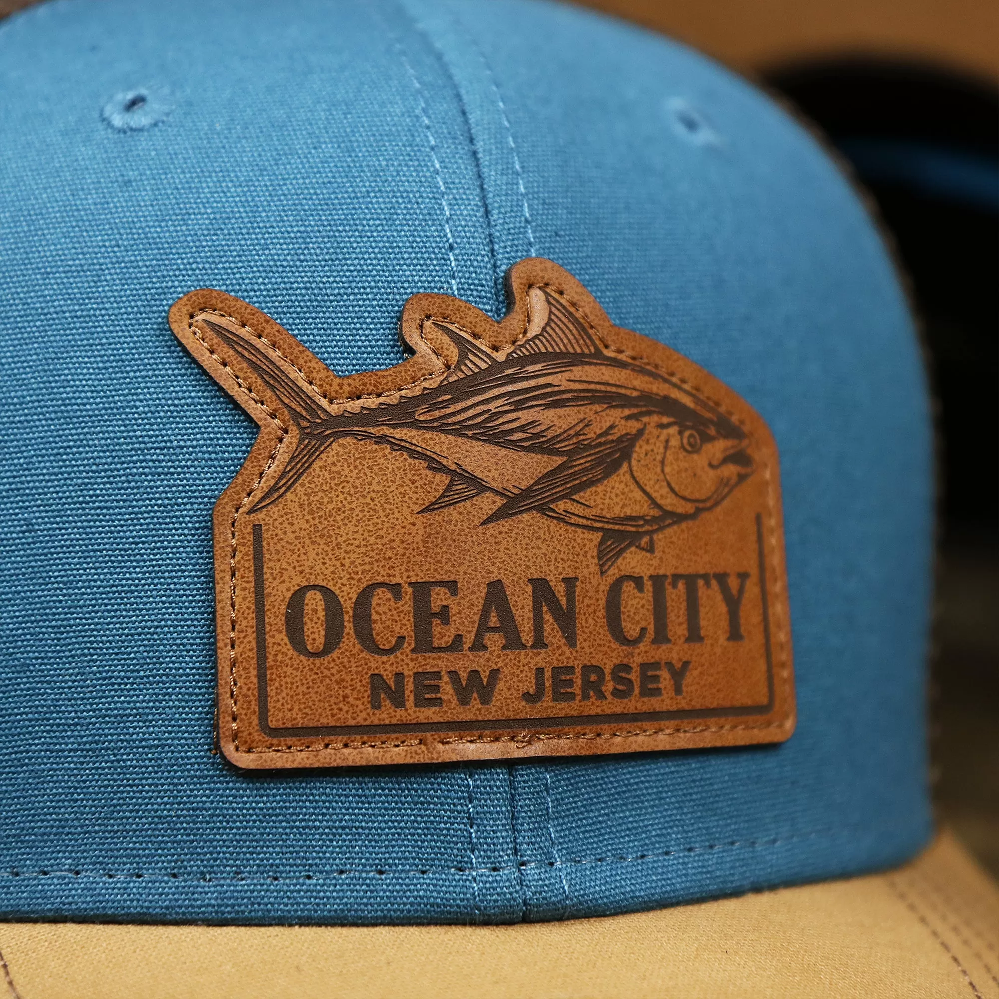 Ocean City Leather Tuna Patch New Jersey Mesh Back Trucker Hat | Marine Blue Mesh Trucker Hat