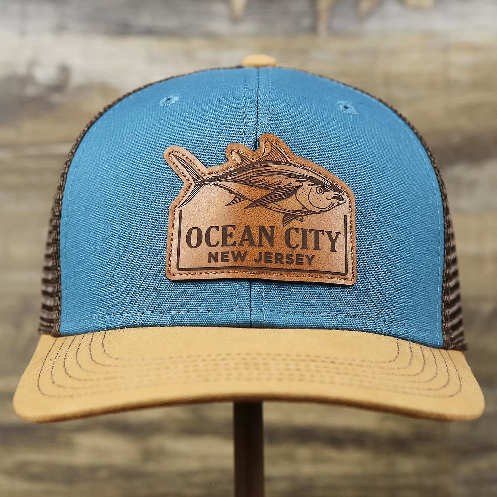 Ocean City Leather Tuna Patch New Jersey Mesh Back Trucker Hat | Marine Blue Mesh Trucker Hat