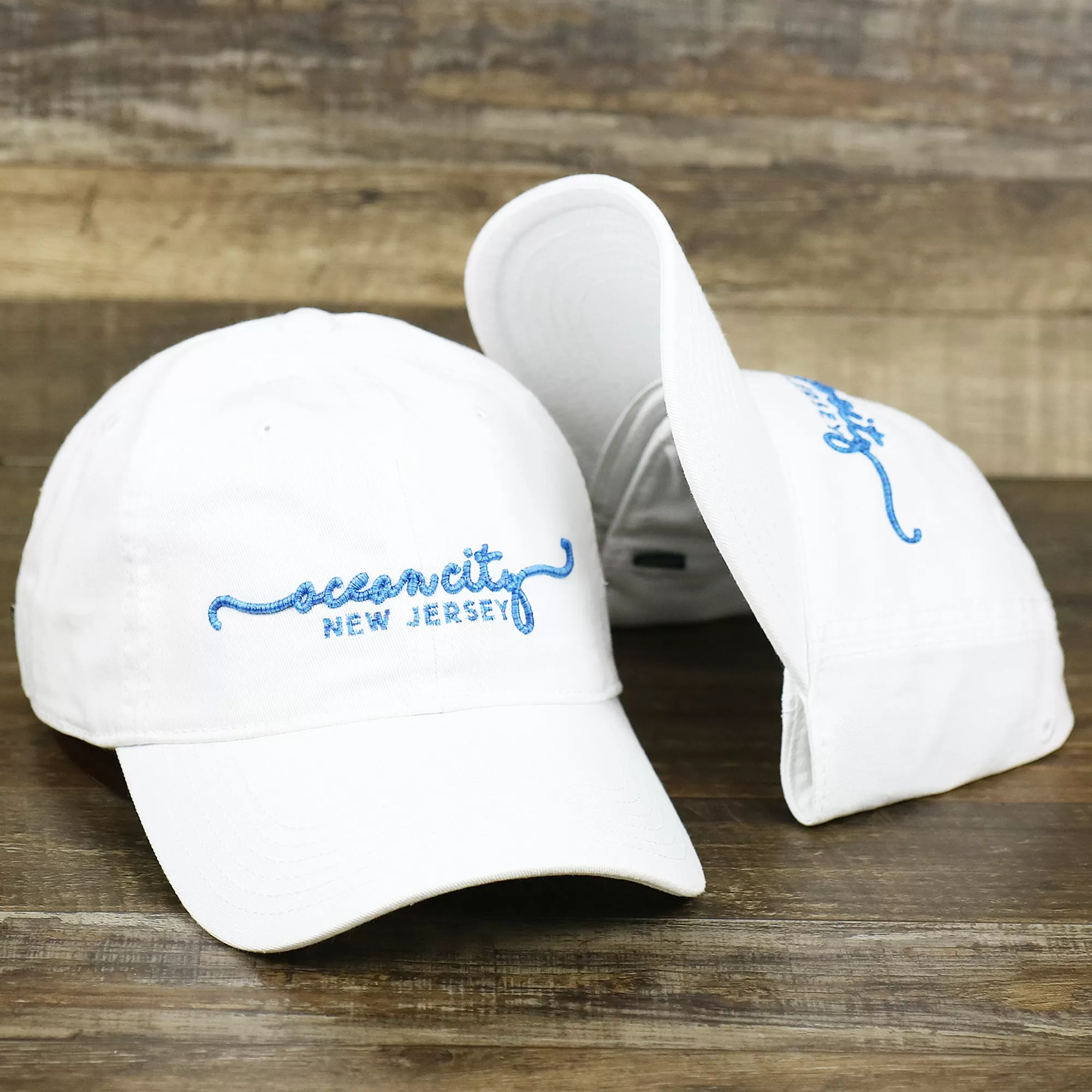 OCNJ New Jersey Ocean City Cursive Wordmark Dad Hat | White Dad Hat