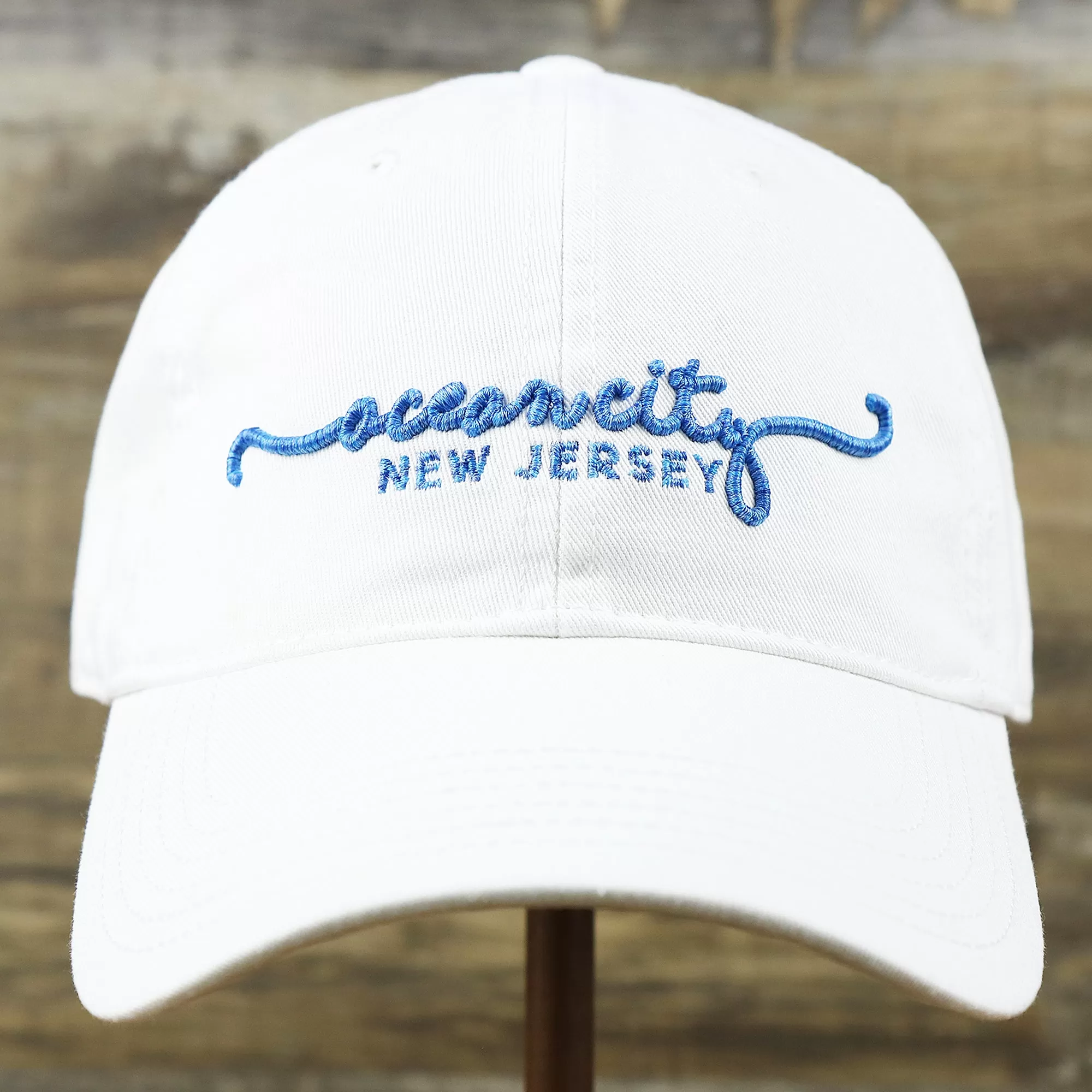 OCNJ New Jersey Ocean City Cursive Wordmark Dad Hat | White Dad Hat