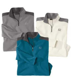 Pack of 3 Men's Half Zip Microfleece Jumpers - Grey Ecru Blue 