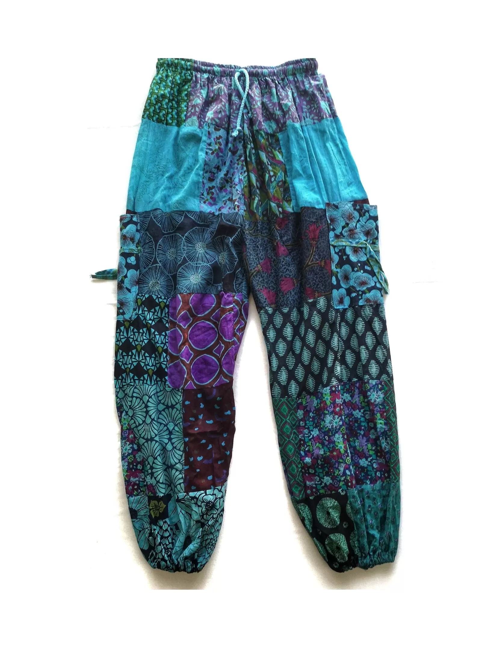 Peacock Blue Patchwork Harem or Yoga Loose Cotton Pants with Pockets