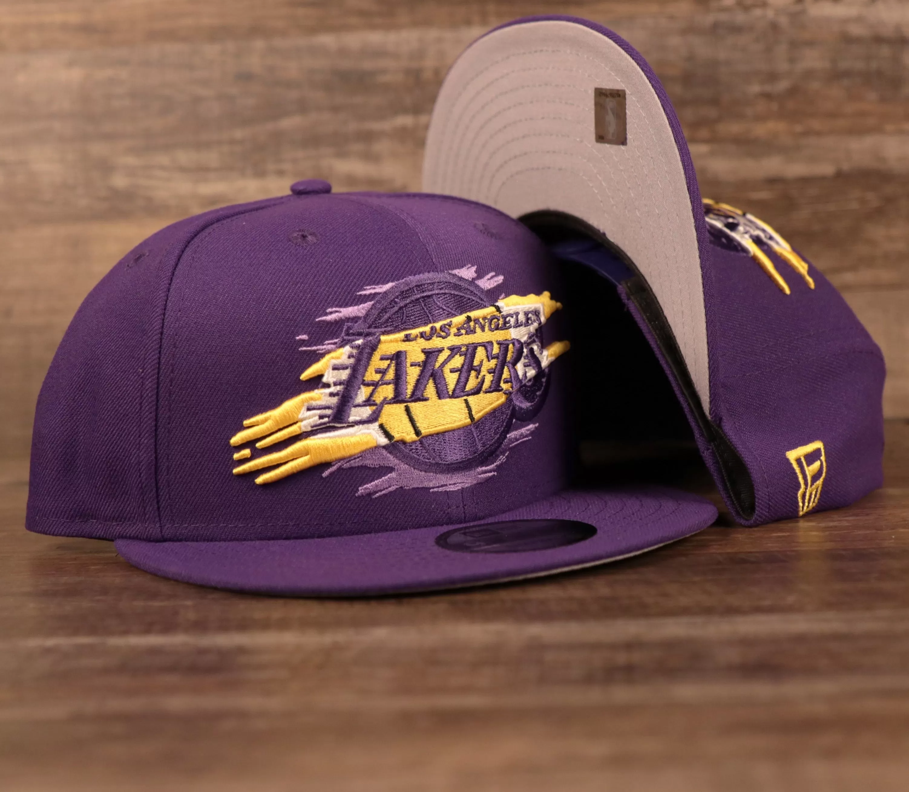 Purple Los Angeles Lakers 9fifty Gray Bottom Snapback Hat | Lakers Tear Logo 950 Hat | Grey Underbrim Snapback Hat