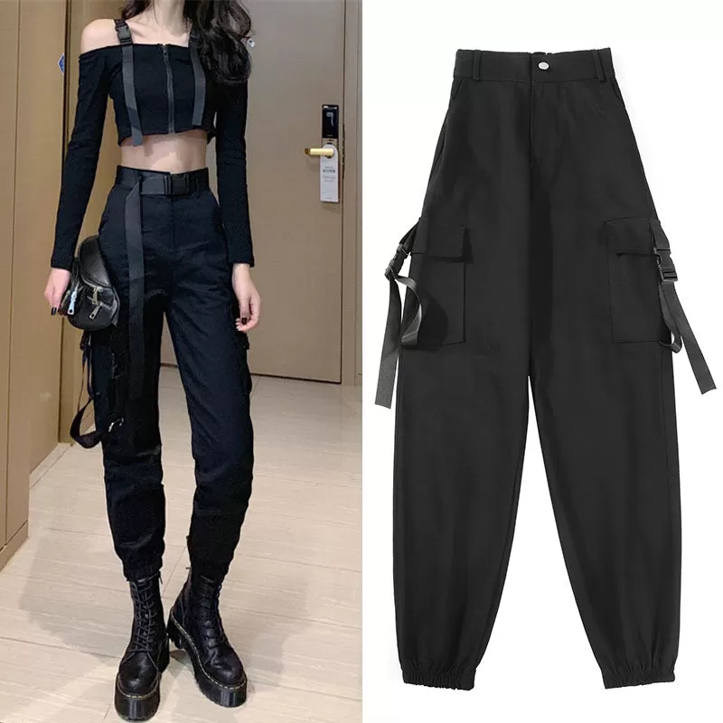 STREET FASHION BLACK OVERALLS PANTS SUIT BY63040