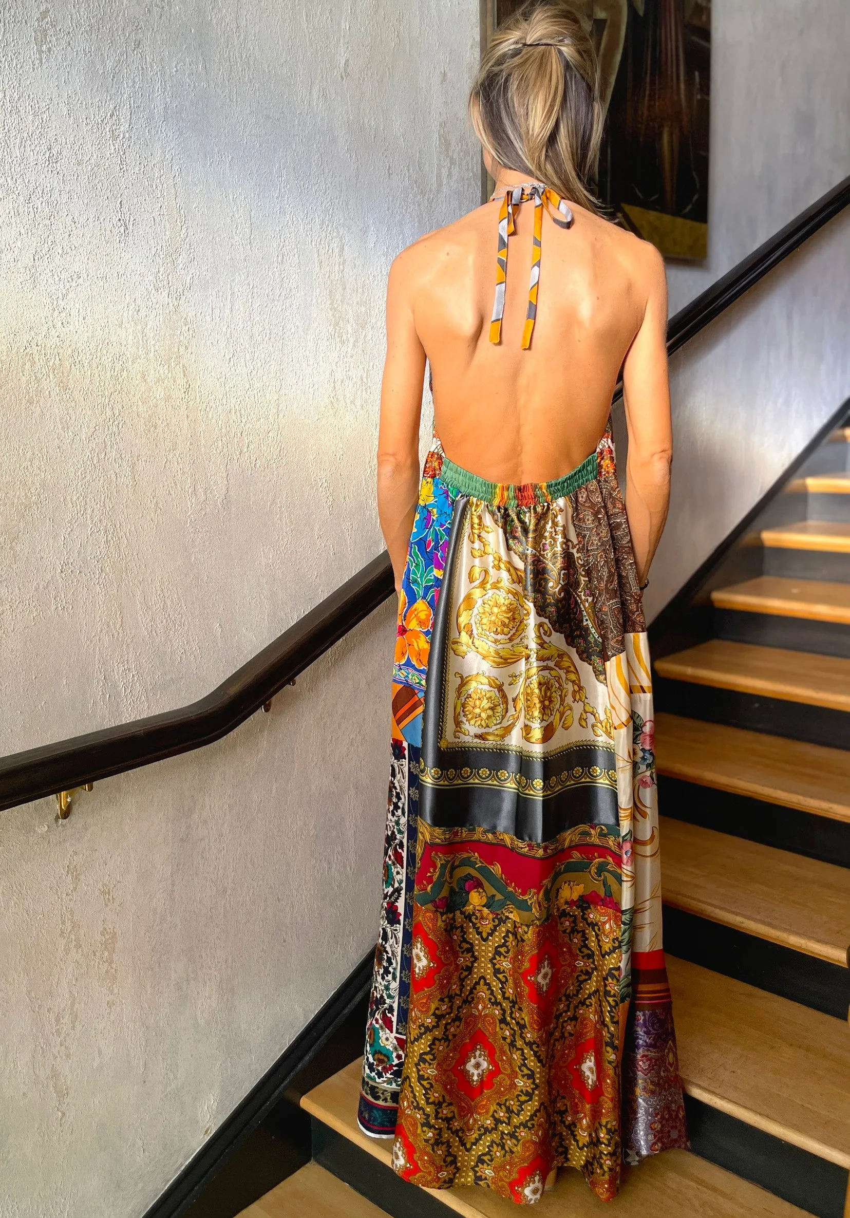 Upcycled Scarves Halter Dress - Multicolor