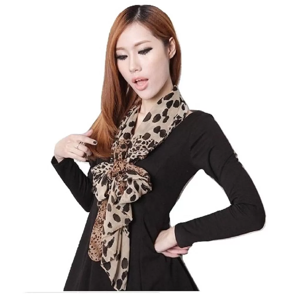 Women Chiffon Little Silk Leopard Print Scarf Hair Tie Band Scarves