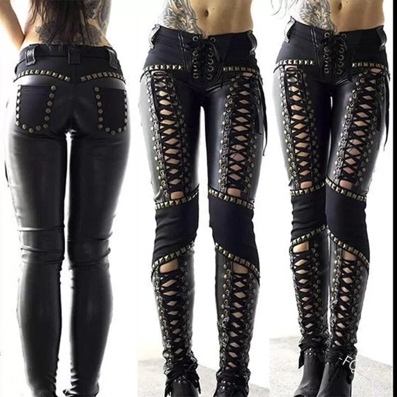 Women Pants Punk Rock Imitation Leather Pencil Pants