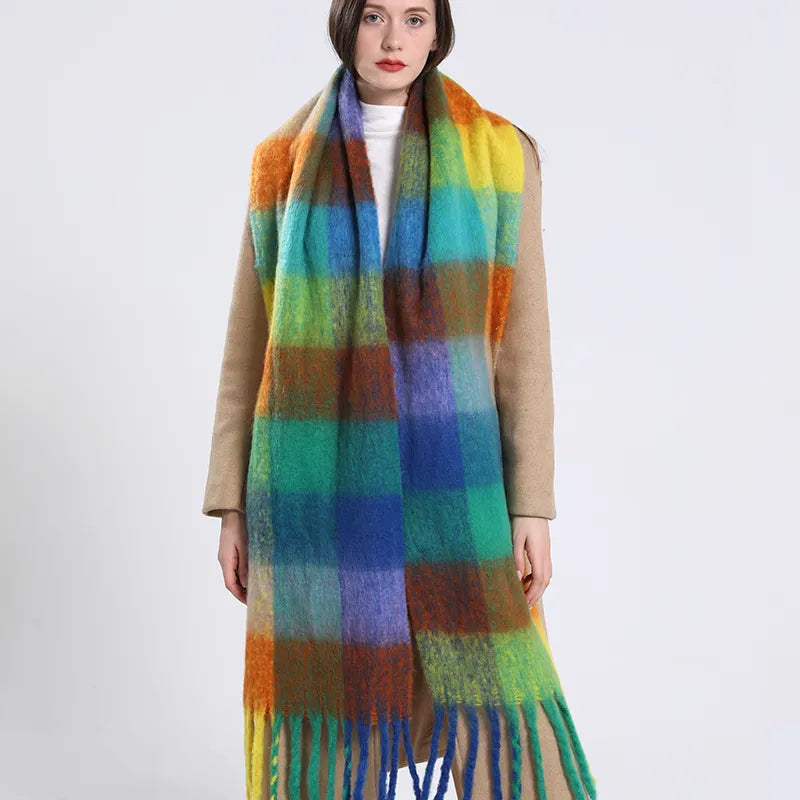 Women's Luxury Cashmere Plaid Pattern Long Tassel Winter Warm Shawl