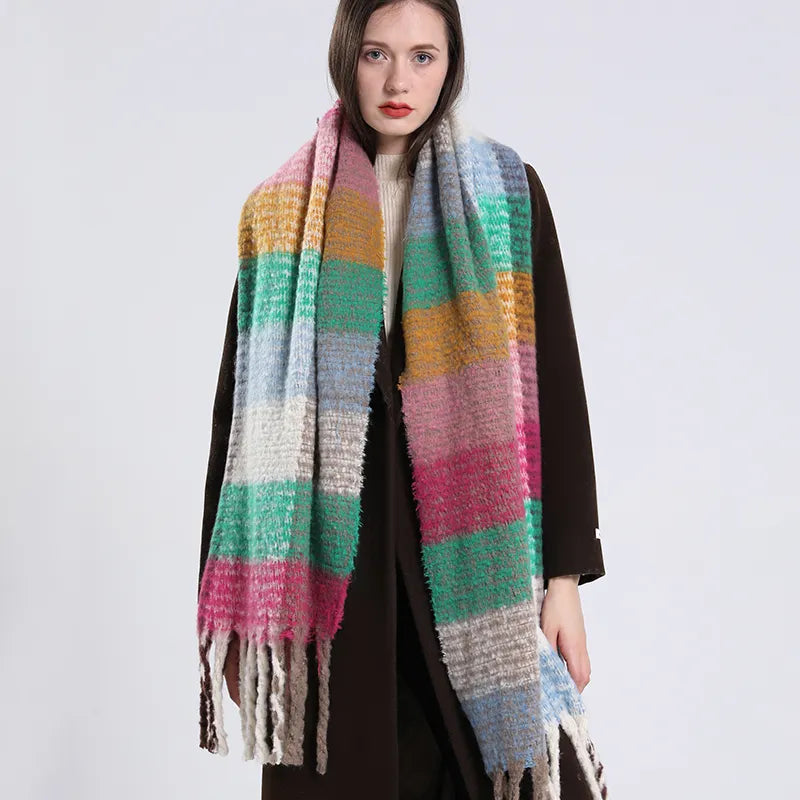 Women's Luxury Cashmere Plaid Pattern Long Tassel Winter Warm Shawl