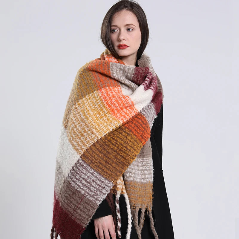 Women's Luxury Cashmere Plaid Pattern Long Tassel Winter Warm Shawl