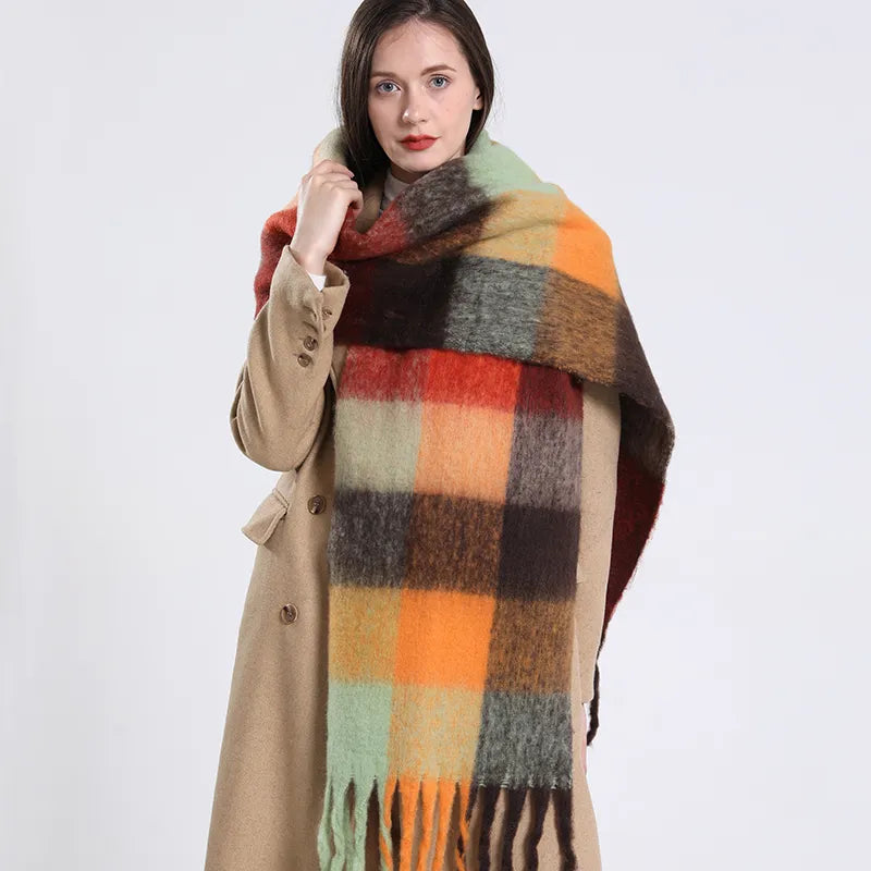 Women's Luxury Cashmere Plaid Pattern Long Tassel Winter Warm Shawl