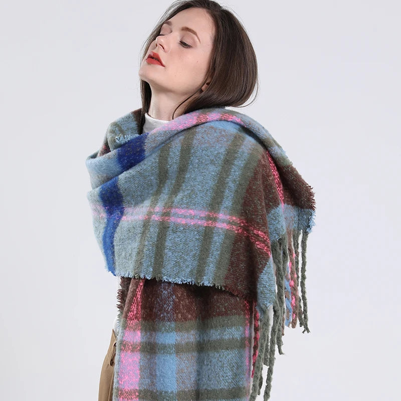 Women's Luxury Cashmere Plaid Pattern Long Tassel Winter Warm Shawl