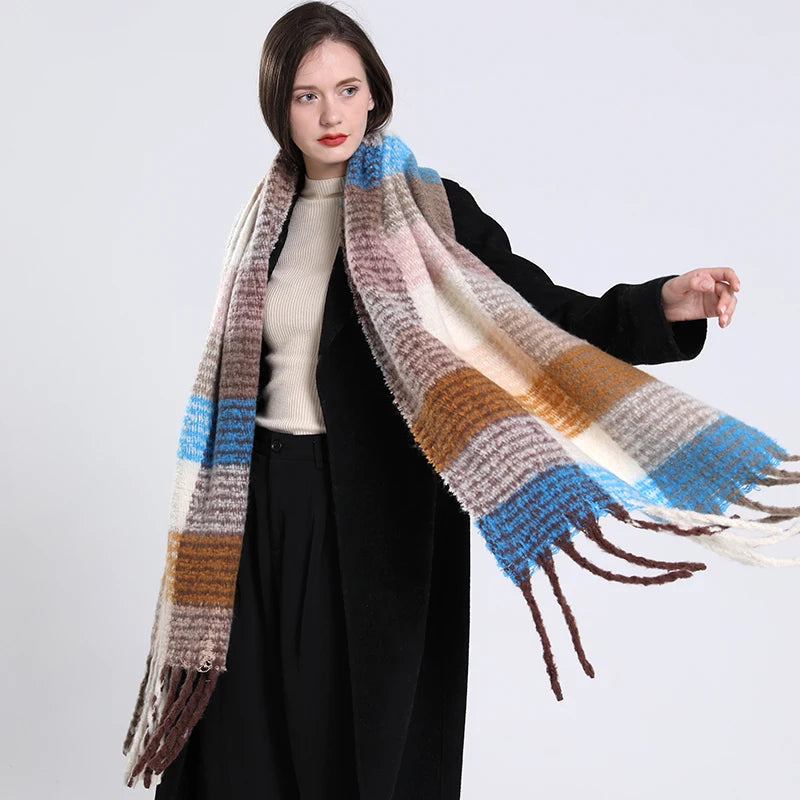 Women's Luxury Cashmere Plaid Pattern Long Tassel Winter Warm Shawl