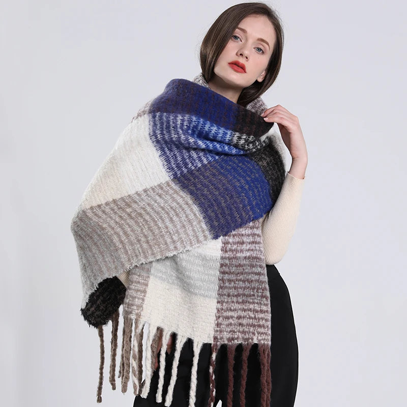 Women's Luxury Cashmere Plaid Pattern Long Tassel Winter Warm Shawl