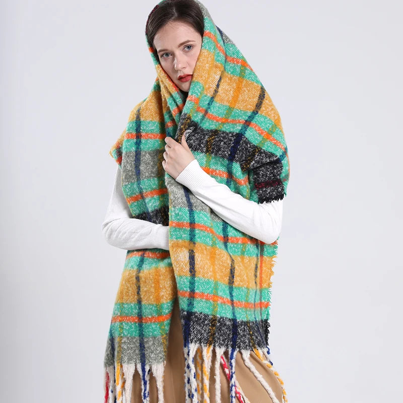 Women's Luxury Cashmere Plaid Pattern Long Tassel Winter Warm Shawl