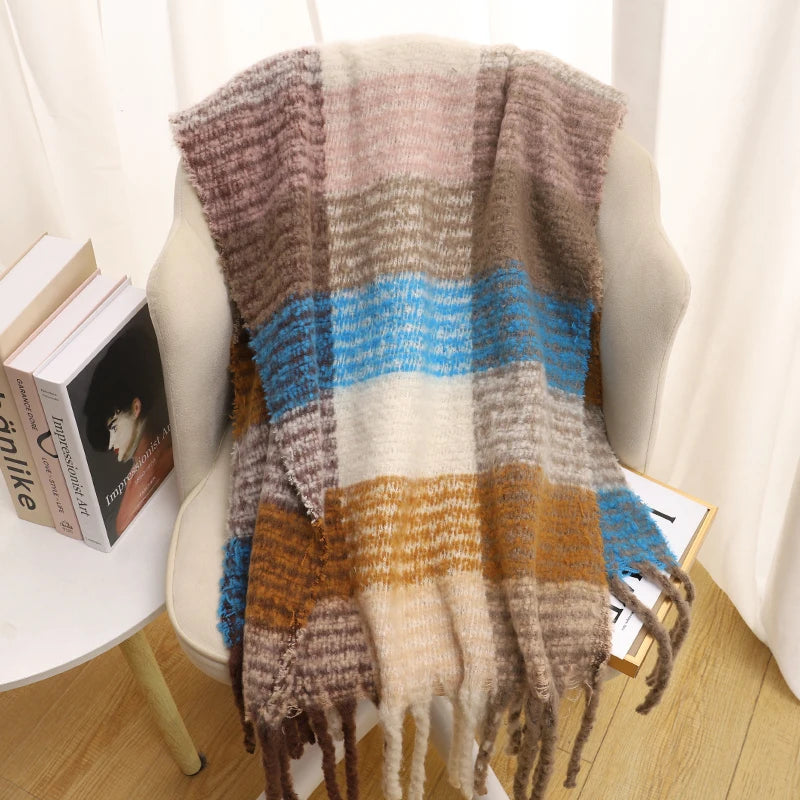 Women's Luxury Cashmere Plaid Pattern Long Tassel Winter Warm Shawl